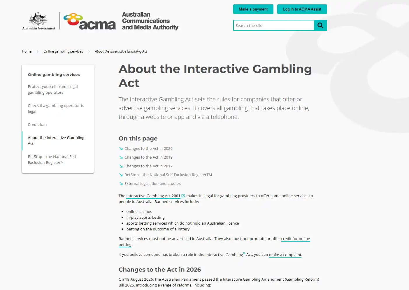 ACMA Interactive Gambling Act page showing Australian online casino prohibition context